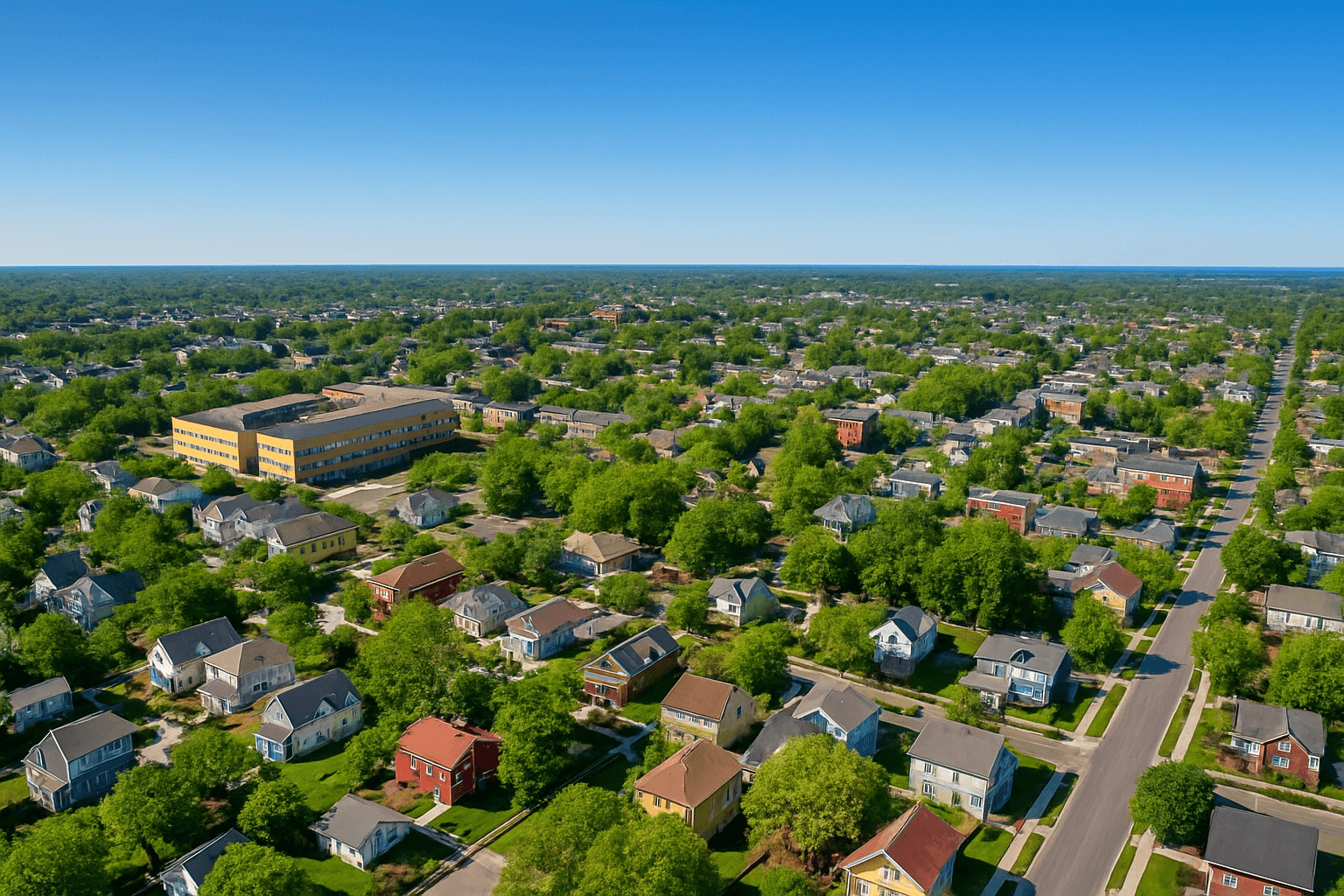 Aerial view of suburban neighborhood with houses, trees, and clear blue sky